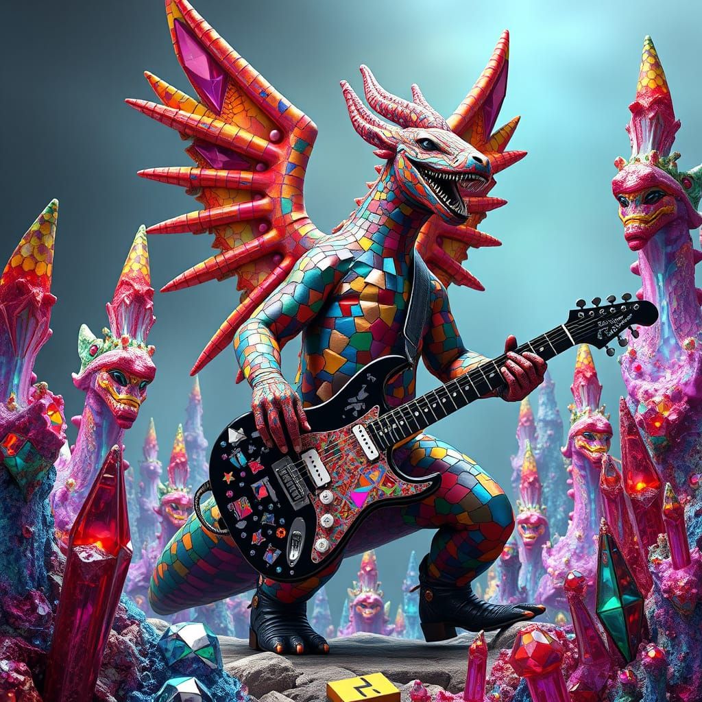 Mad Mosaic Kaiju  Monster whimsical rainbow winged mosaic musical monster    hybrid creature mosaic  skin, dressed patch...