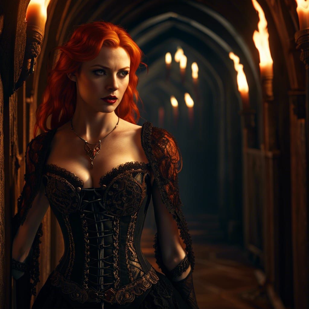 Redhead Vampire in Ancient Gothic Tunnel