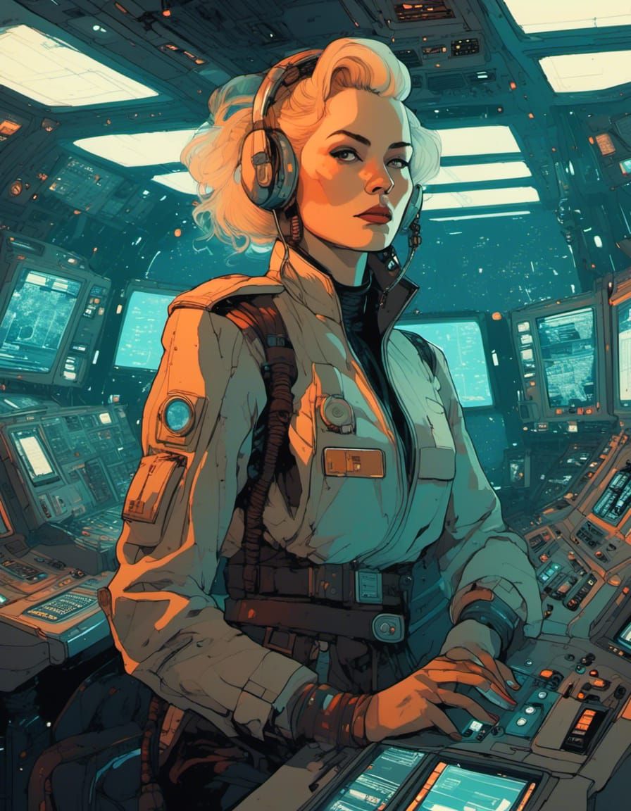 Cyberpunk Starship Captain in 1950s Sci-Fi Style