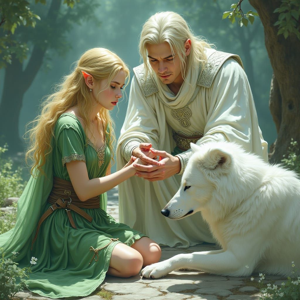 Heroic Fantasy Human Priest with Emerald Eyes and White Wolf