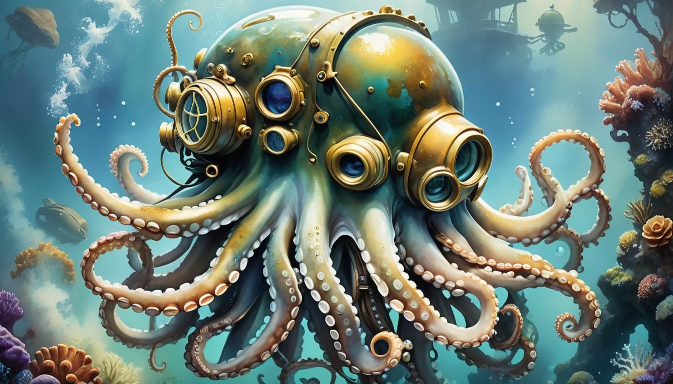 Octopus in Diving Helmet: Ethereal Watercolor Fantasy