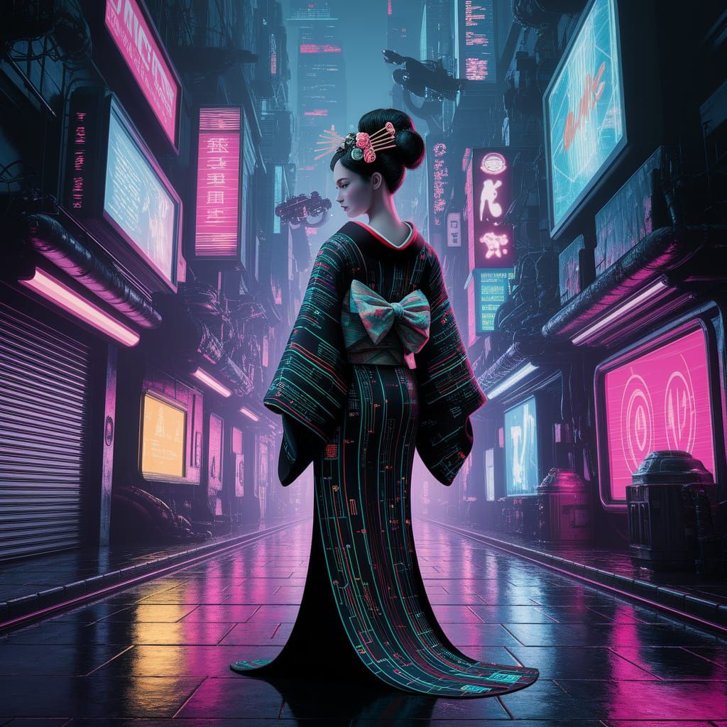 Cyberpunk Geisha in Neon Alleyway
