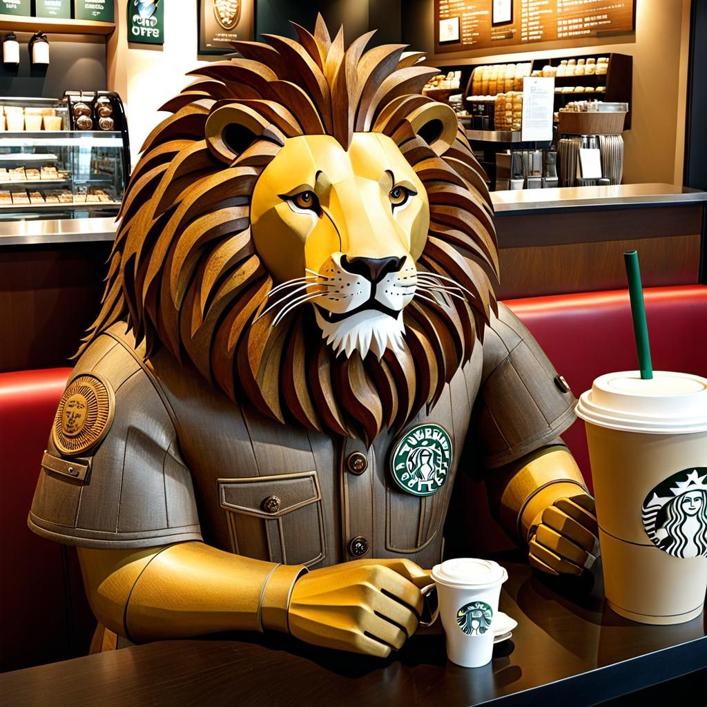 Anthropomorphic lion at a Starbucks