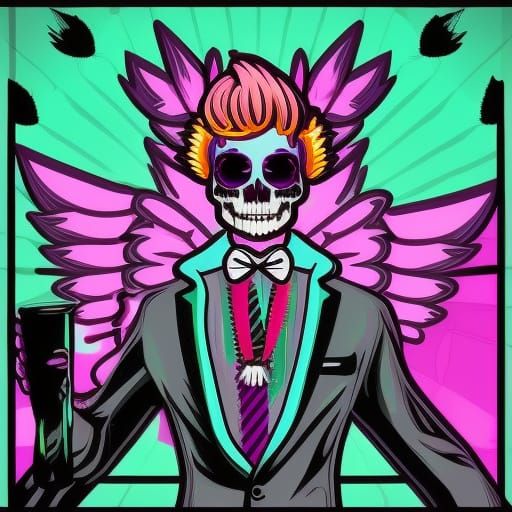 Winged Marijuana Pirate Skeleton in Synthwave Neon