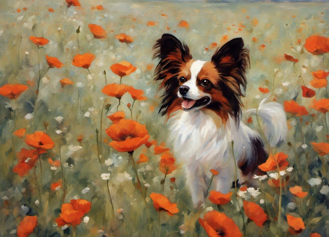 Papillon Dog and Butterflies in Impressionist Style