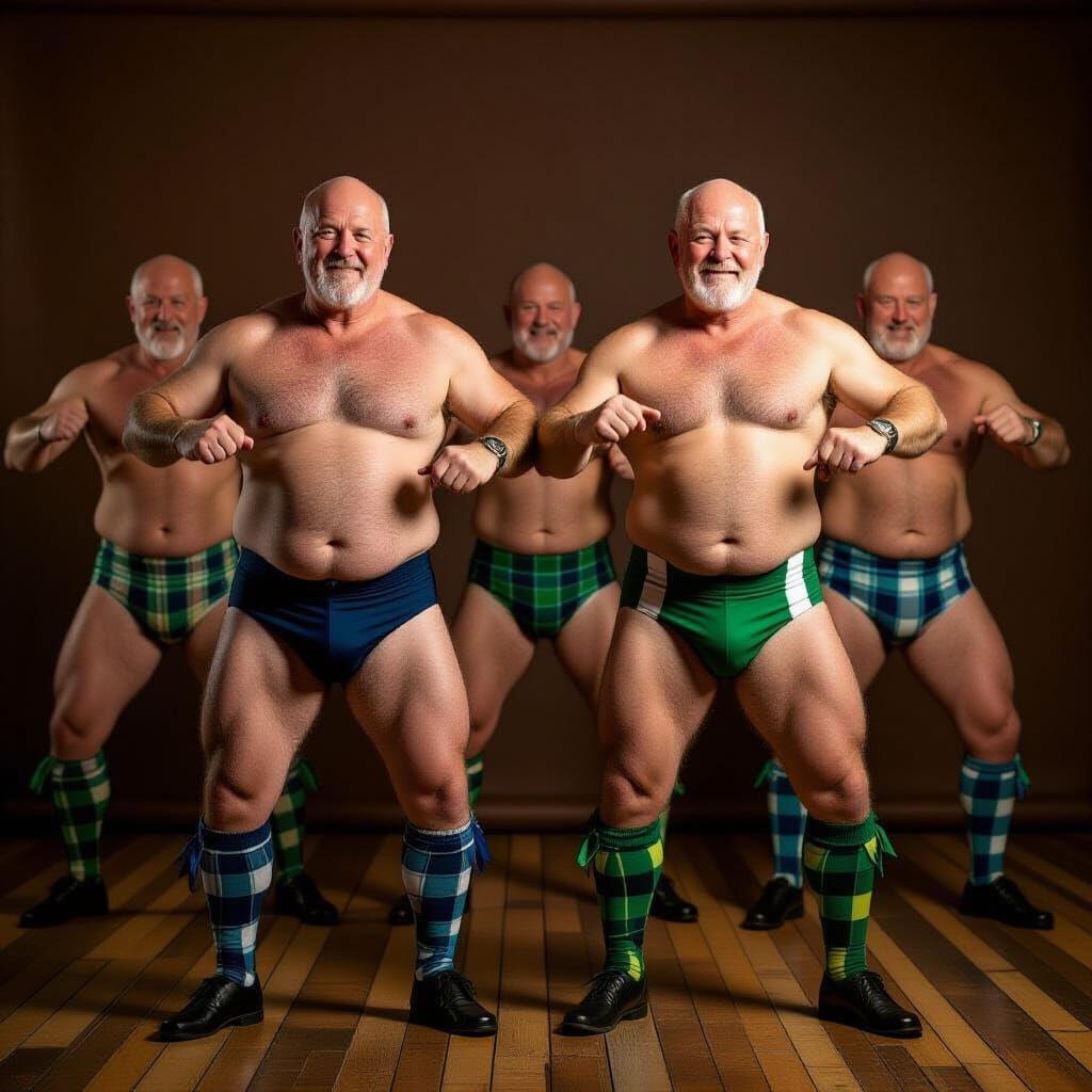 Men in Speedos Highland Dance: Hyper-realistic Color Photo