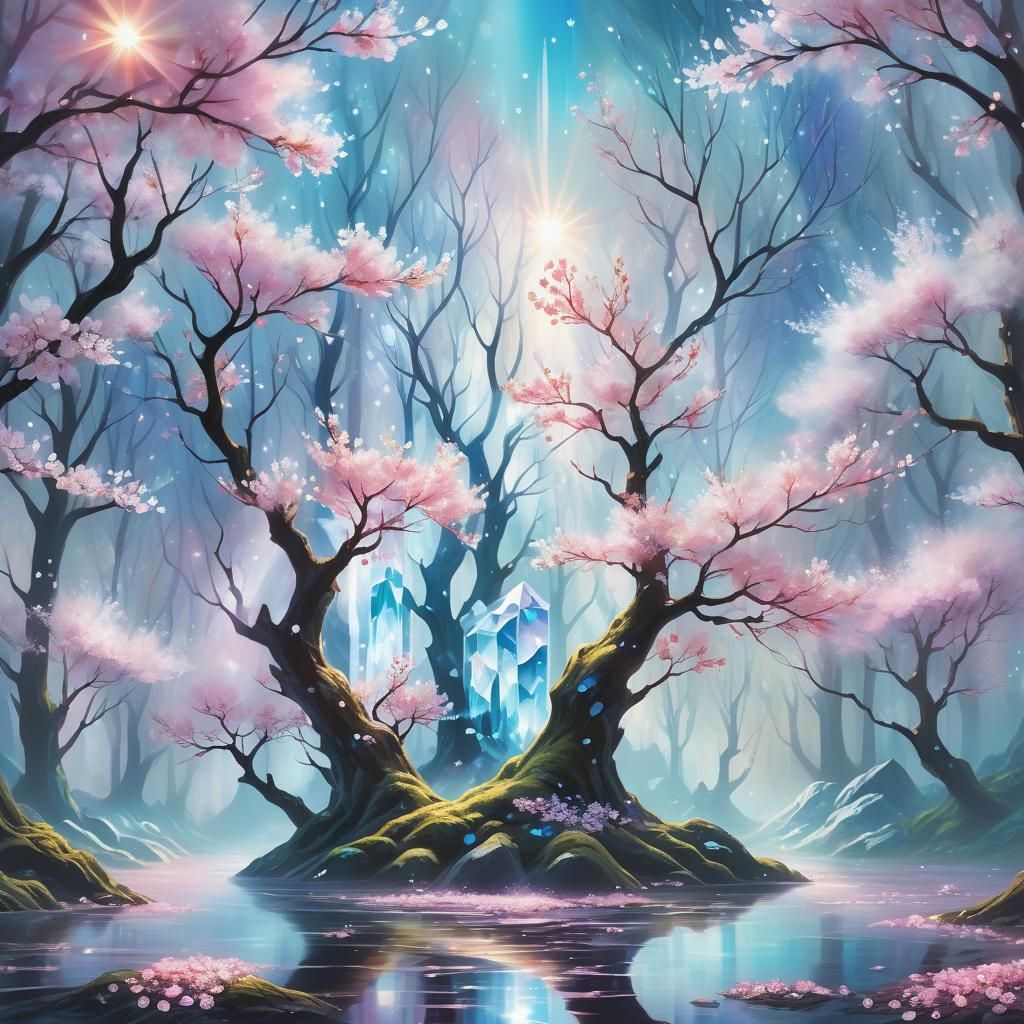 Crystal World: Cherry Blossoms in a Misty Forest