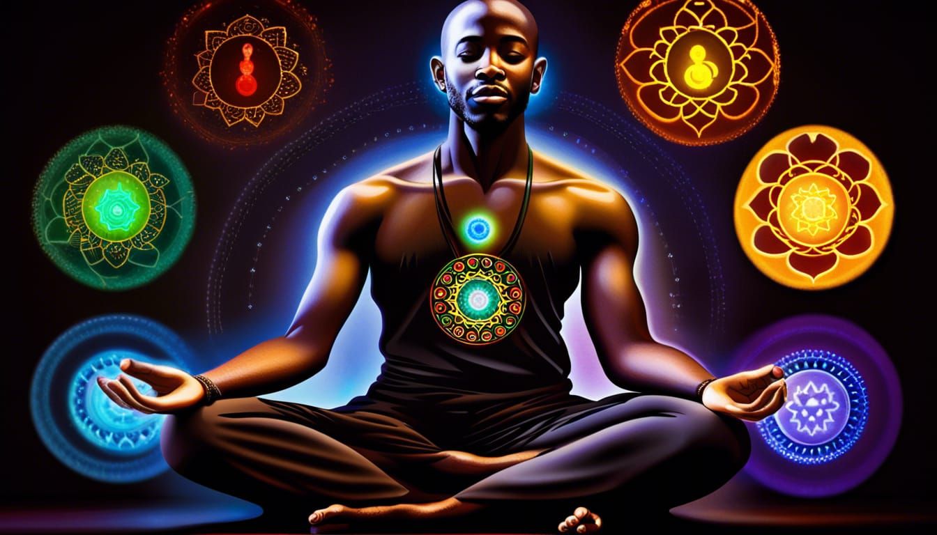 Meditative Black Man in Lotus Position with Chakras