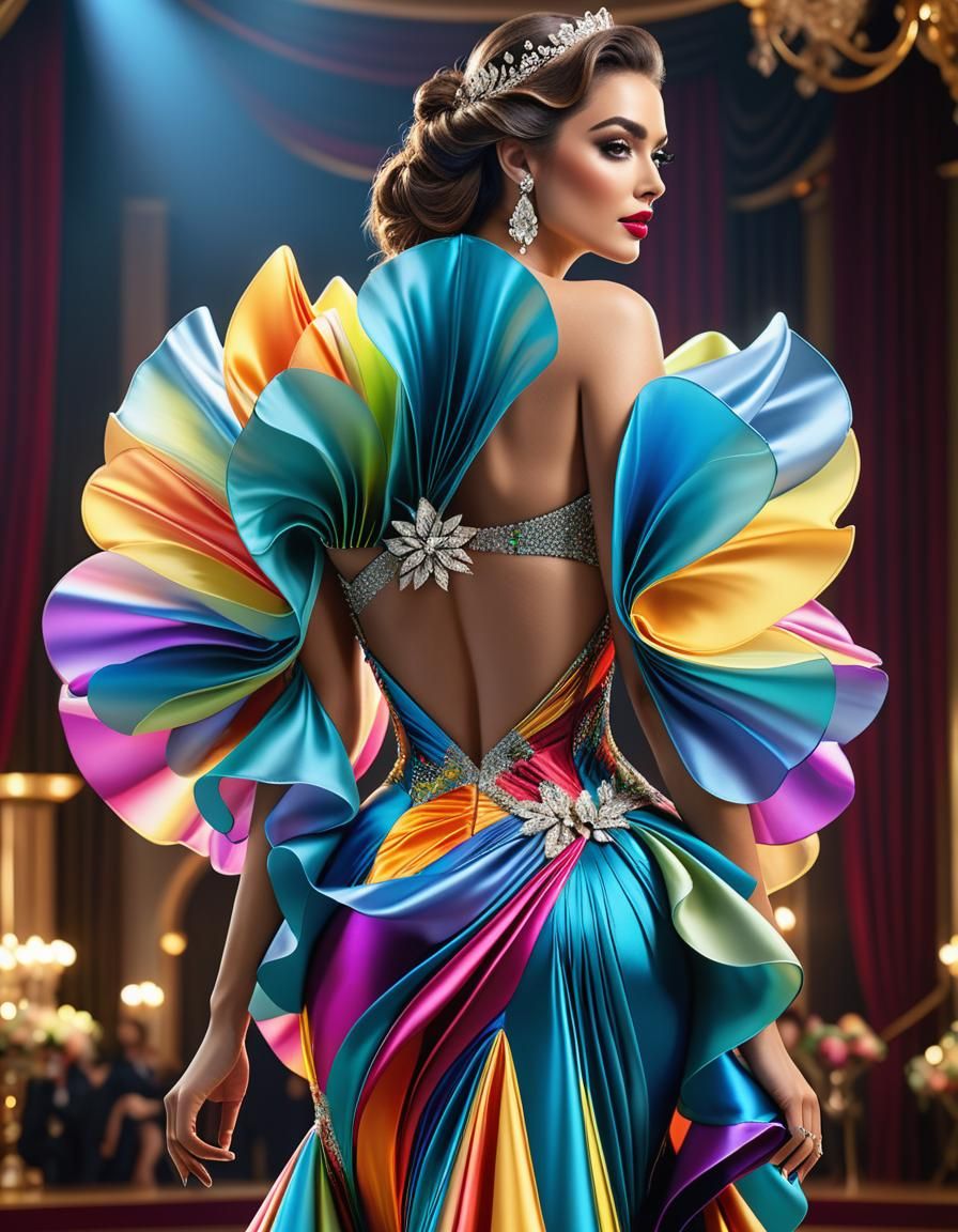 Photorealistic Lady in Multicolored Cocktail Dress