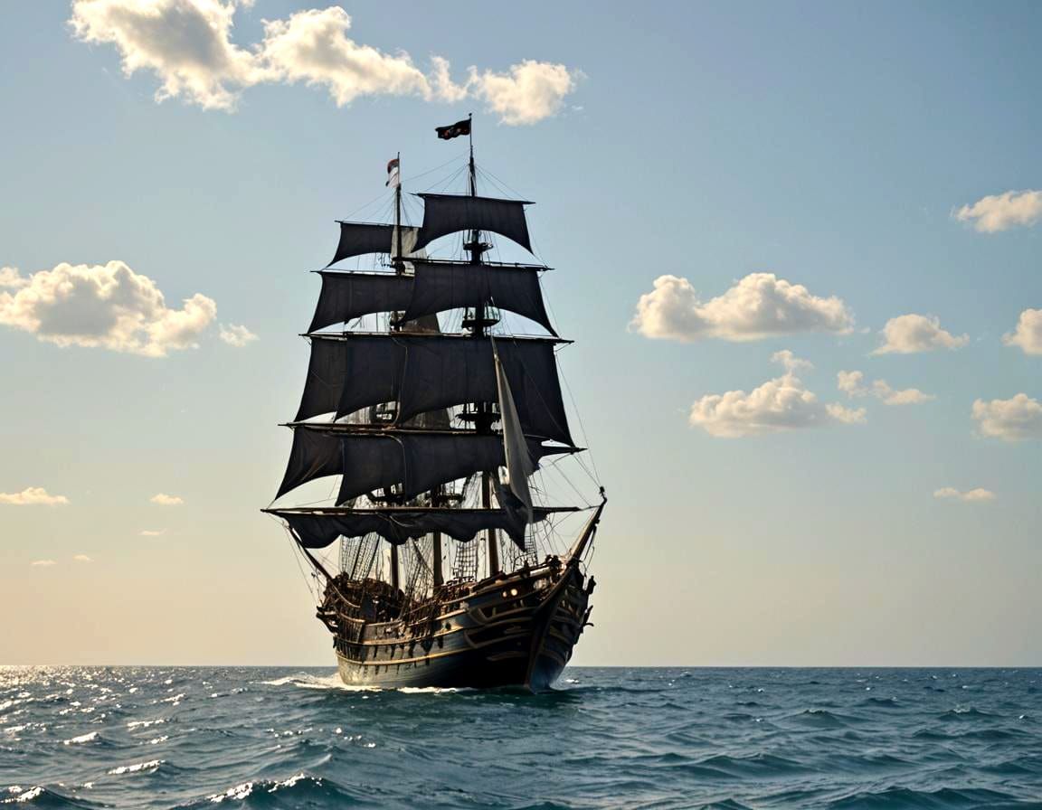 Pirate's boat "Black Pearl", sailing on the ocean.