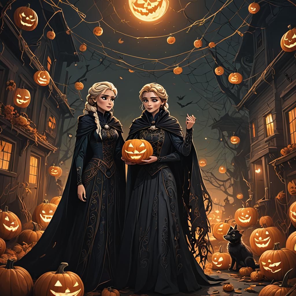 Elsa and Anna at a Dark Fantasy Halloween Party