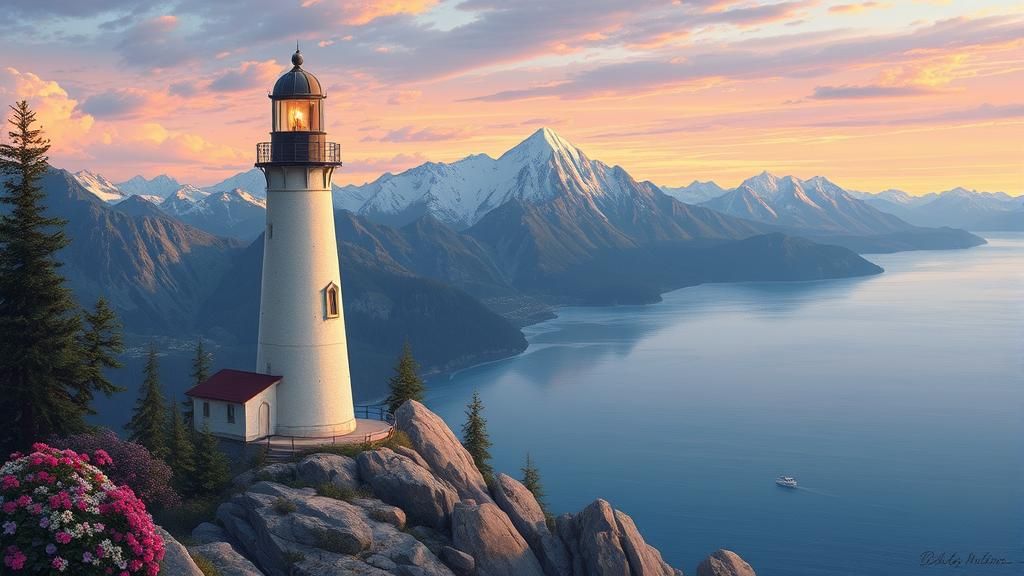 Lighthouse and Mountains in Luminist Style