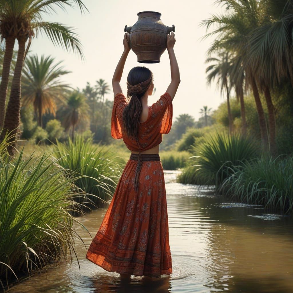Ancient Babylonian Woman Beside a River in a Serene Landscap...