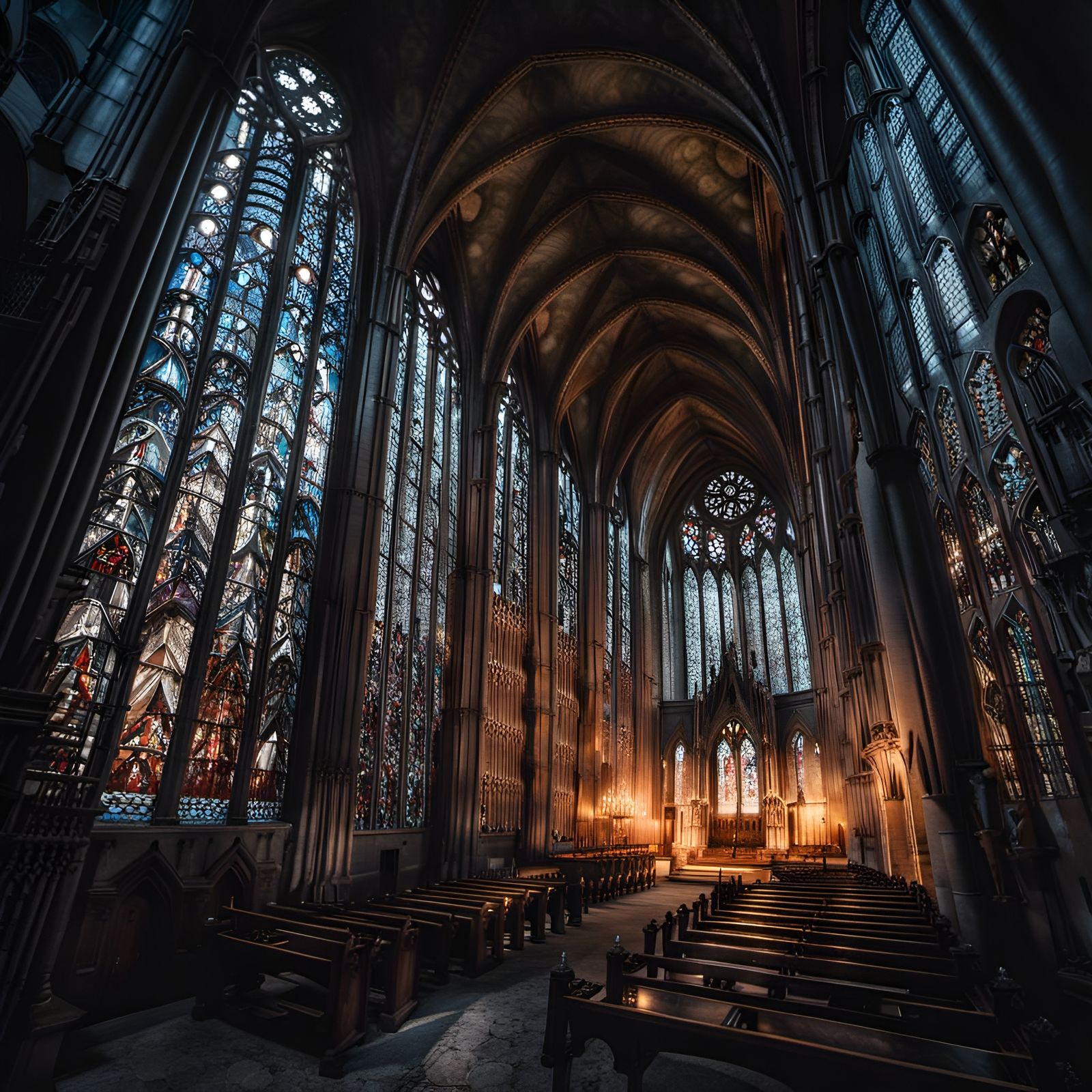 Eerie Gothic Church with Stained Glass Windows