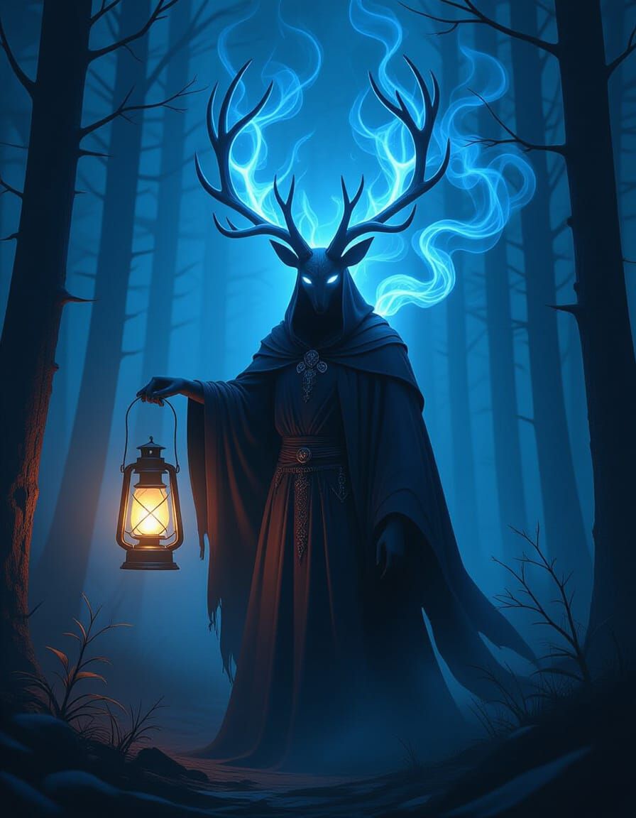 Spectral Antlered Figure with Lantern in Dark Forest