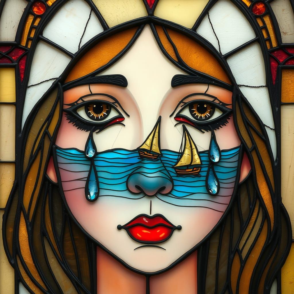 Stained Glass Girl's Face with Ocean Tears