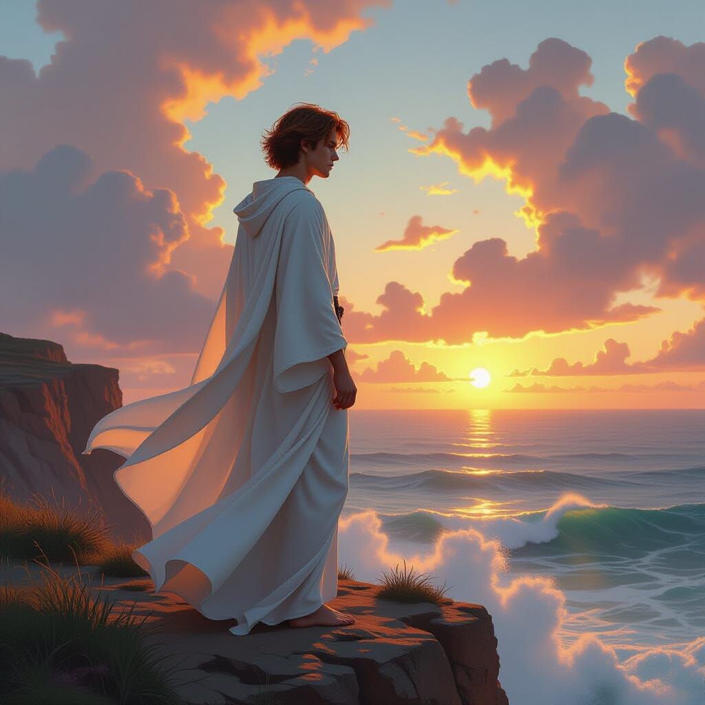 Auburn Haired Man Overlooking Ocean, Hyperrealistic Style