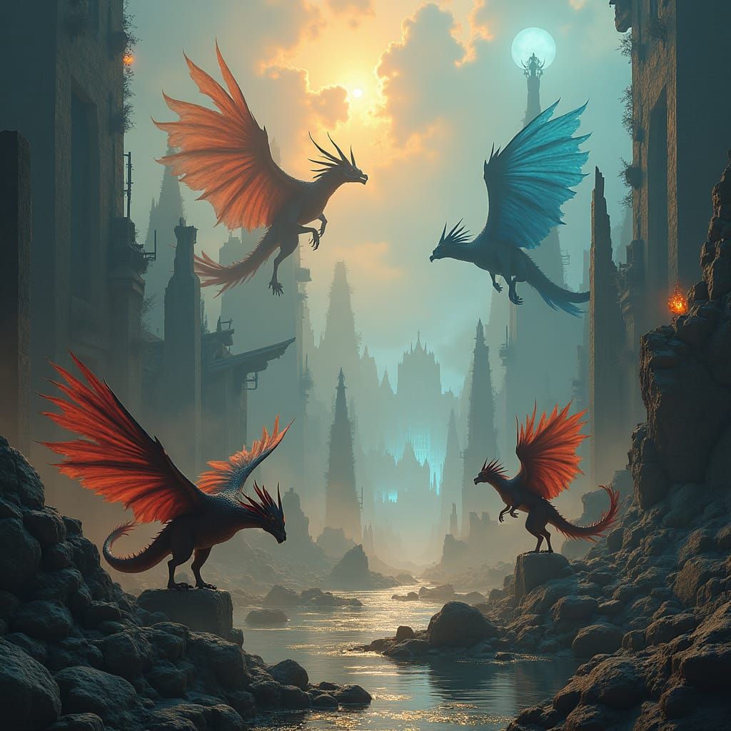 Mythical Creatures Gather in Ruined Cityscape