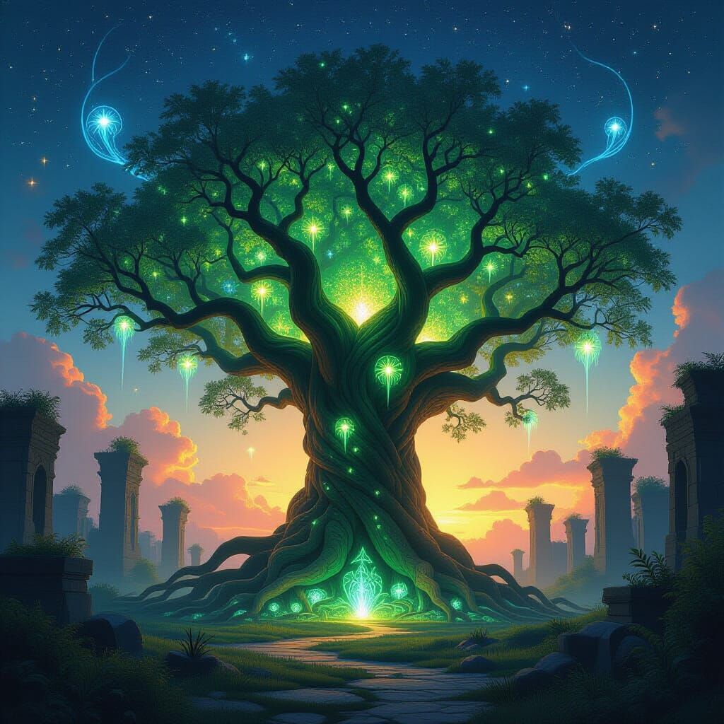 Ancient Bioluminescent Tree in Starlit Clearing