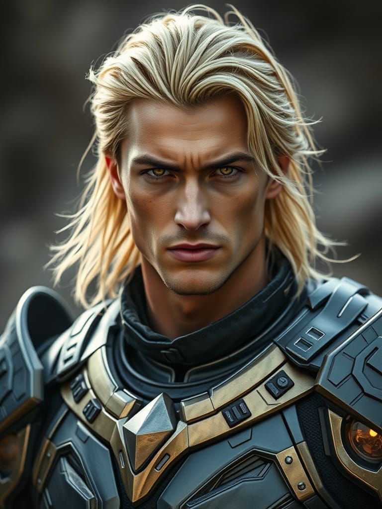 Golden-Eyed Futuristic Warrior in Photorealistic Armor