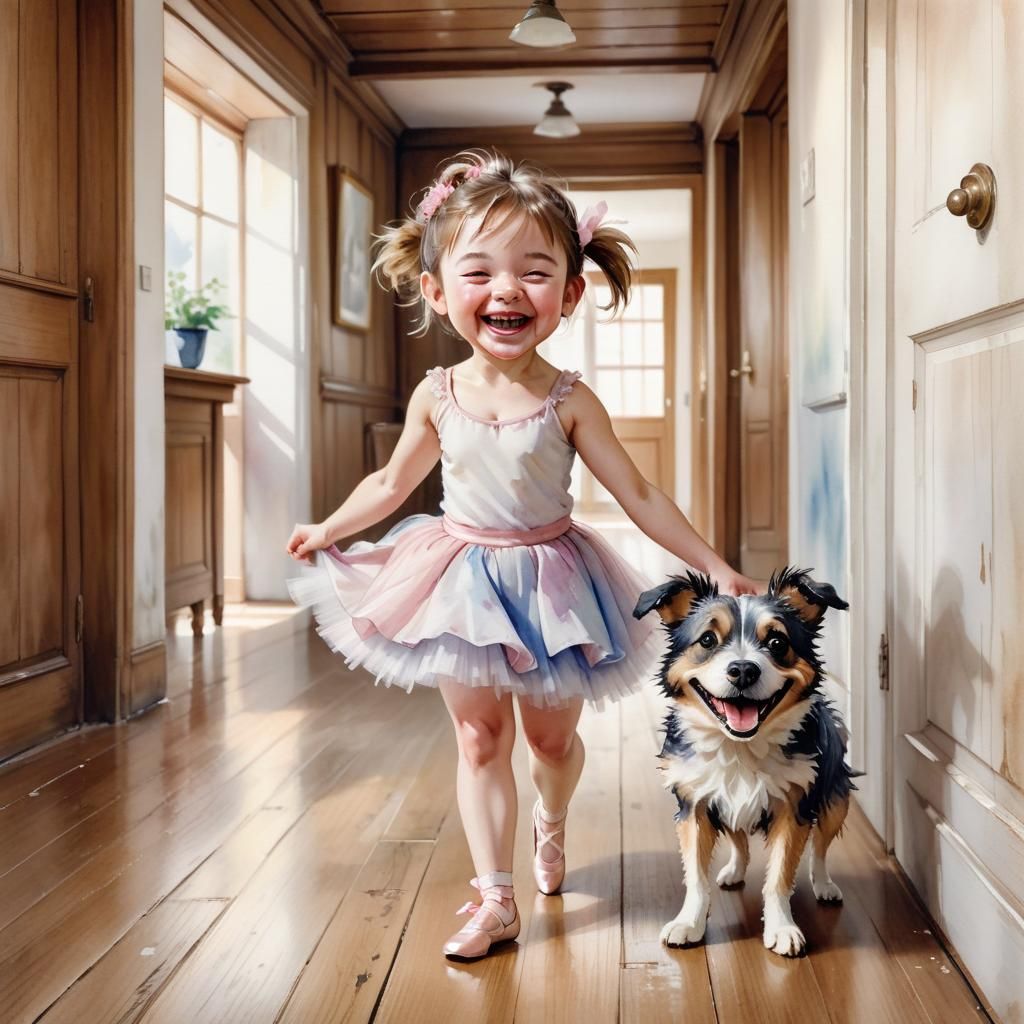 Laughing Ballerina with Dog in Watercolour Style