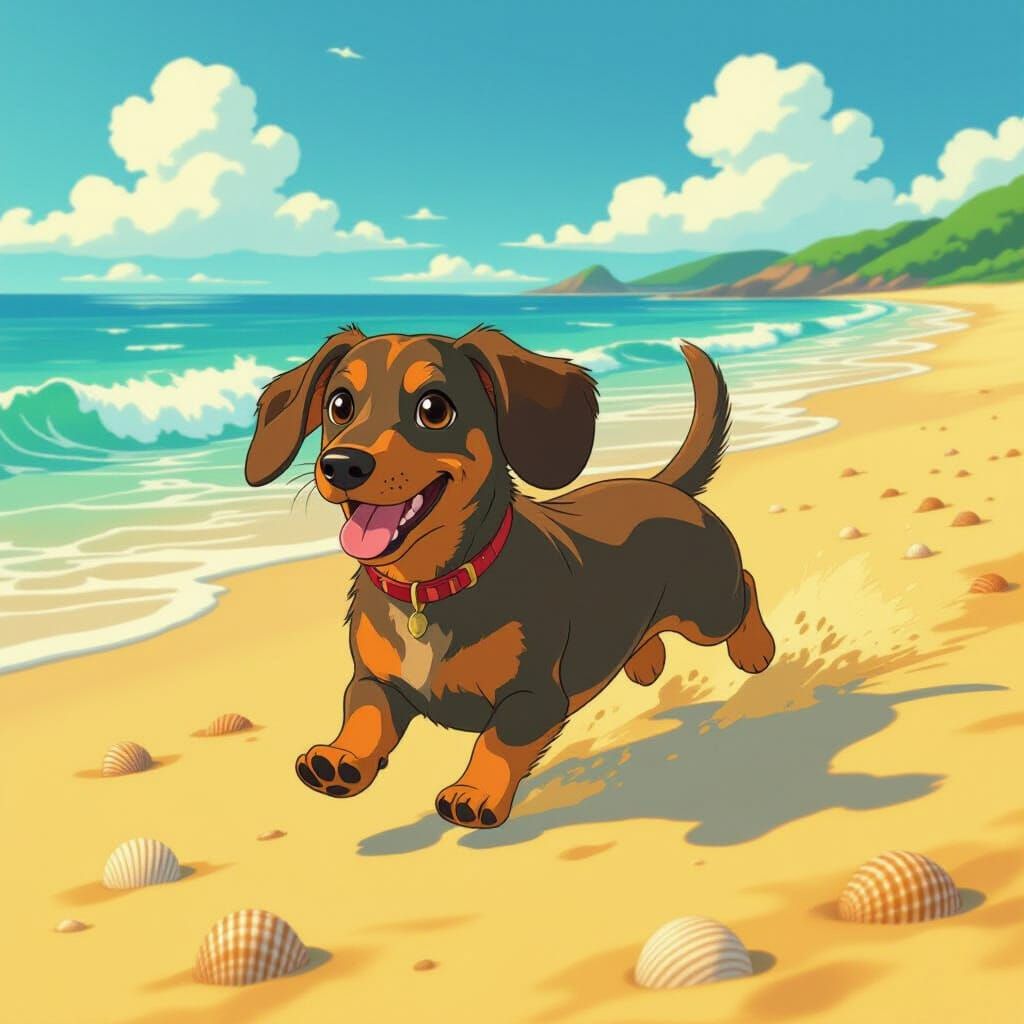 Dapple Dachshund Runs on Sandy Beach in Anime Style