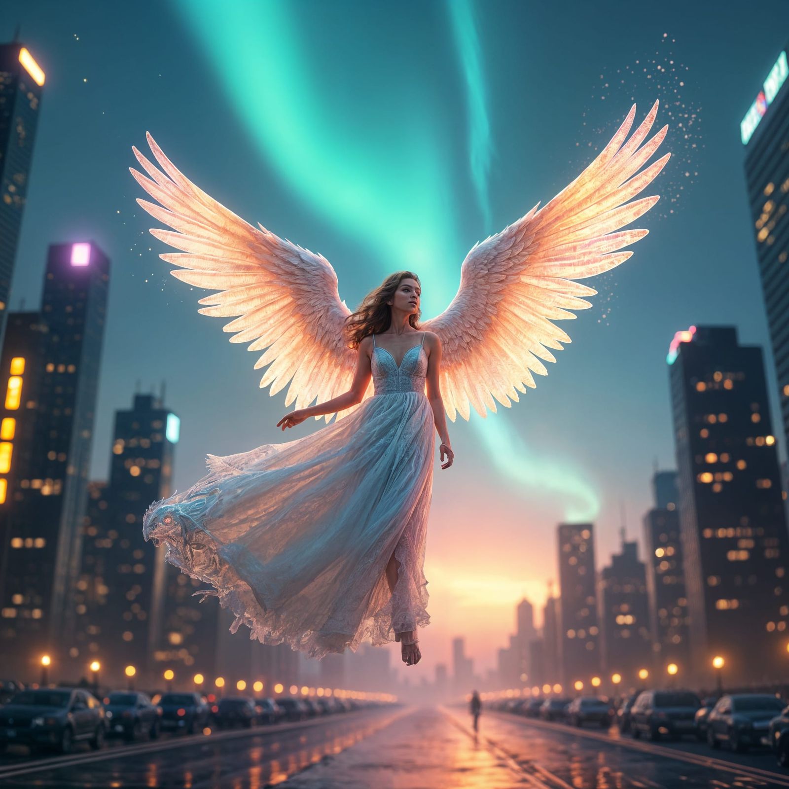 Psychedelic Angel Over Futuristic City at Night