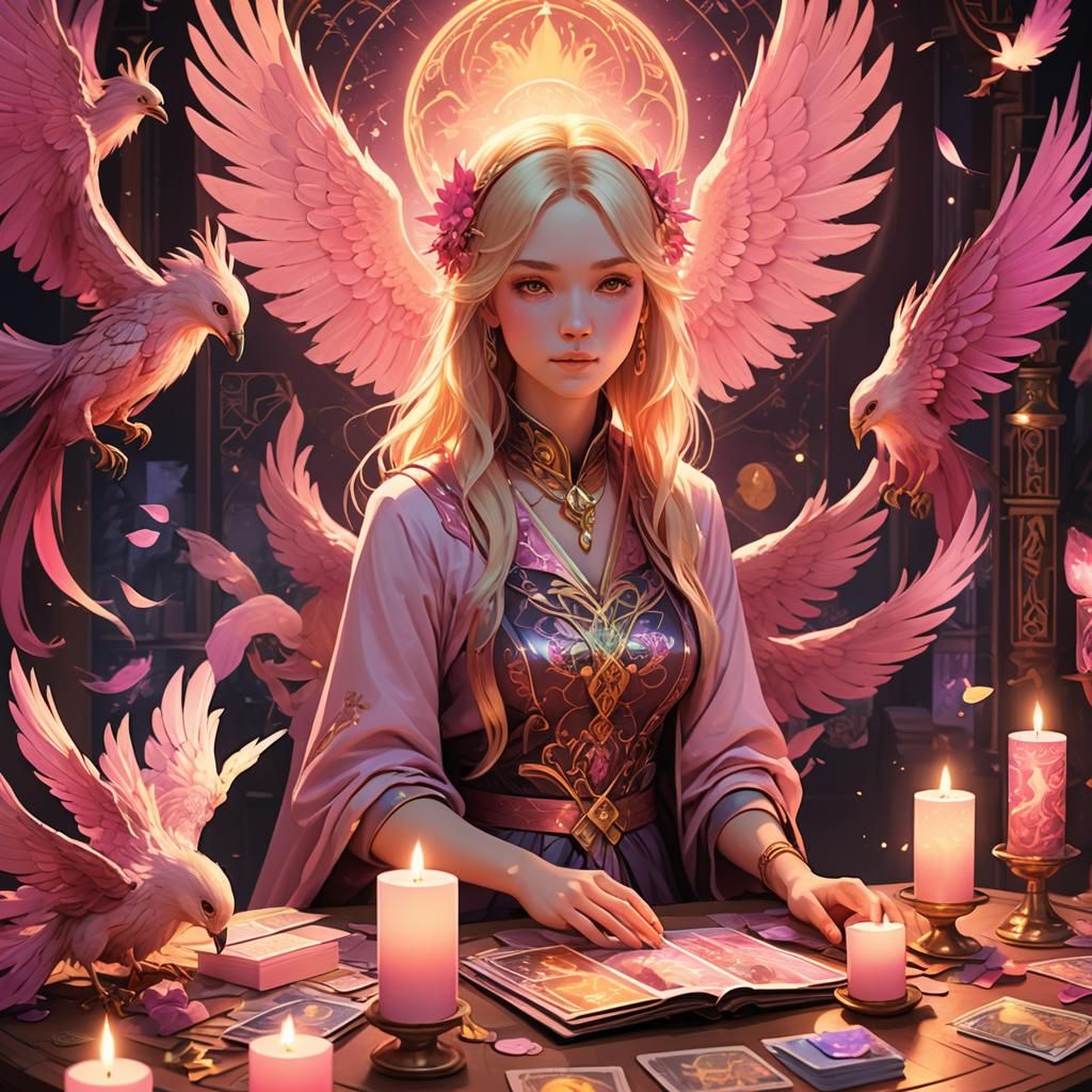 Blonde Tarot Reader with Phoenix in Anime Style