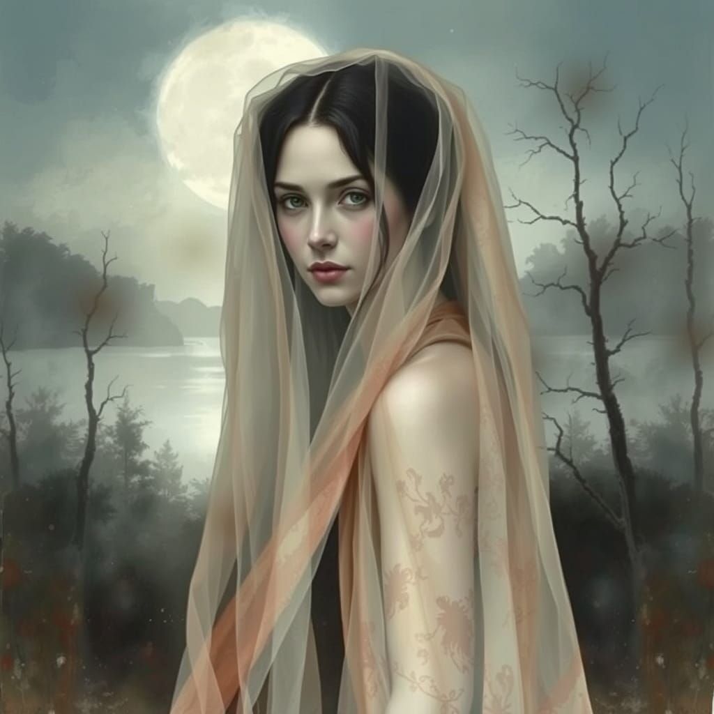 Enigmatic Woman in Moonlit Landscape