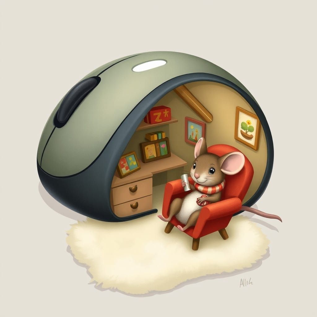 Whimsical Computer Mouse Cottage with Real Mouse and Hot Coc...