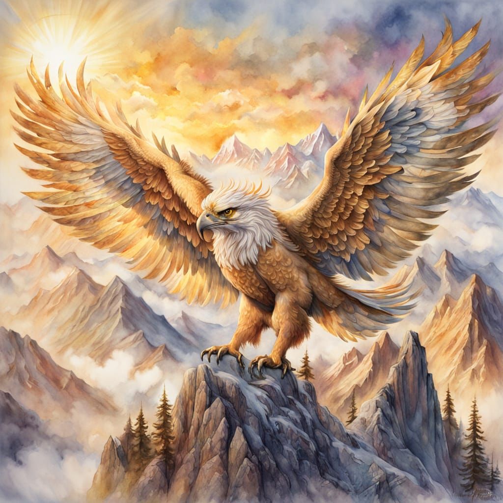 Majestic Griffin Soars Over Misty Mountains in Watercolor Pa...