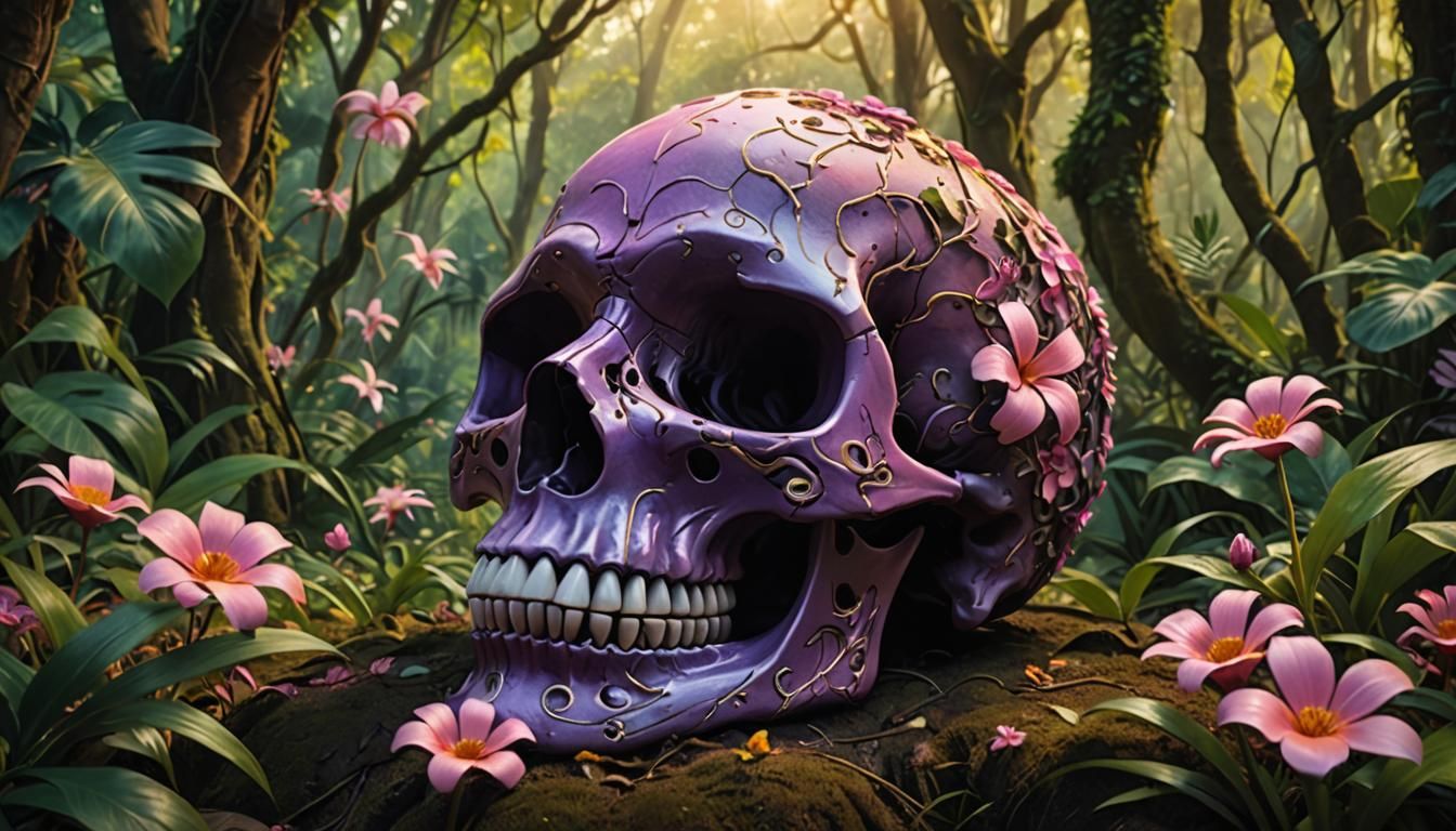 Surreal Jungle Skull with Blooming Flower