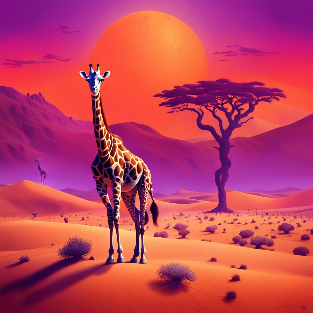 Surreal Giraffe in Dreamlike Desert Landscape