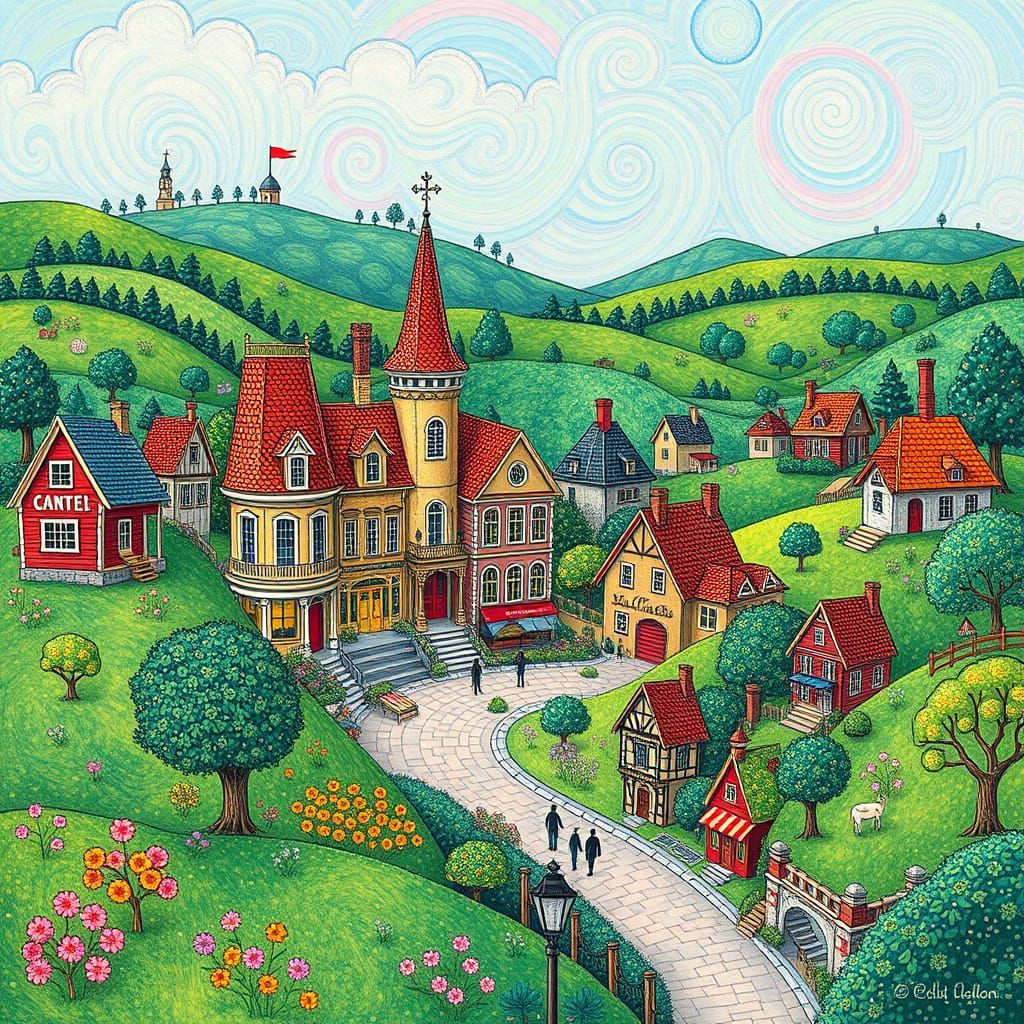Whimsical Victorian Village in Vibrant Confetti Point Splash...
