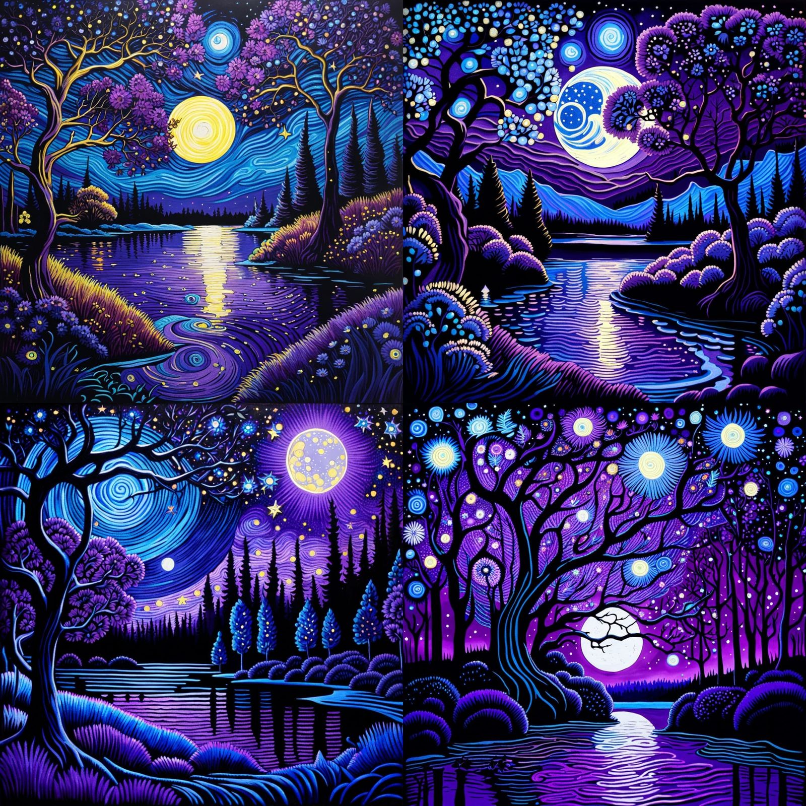 Gothic Comic Lake Forest with Bioluminescent Flowers