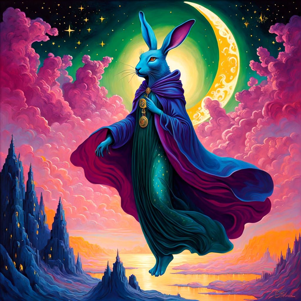 Celestial Rabbit Goddess with Vibrant Pink Fur and Cosmic Au...