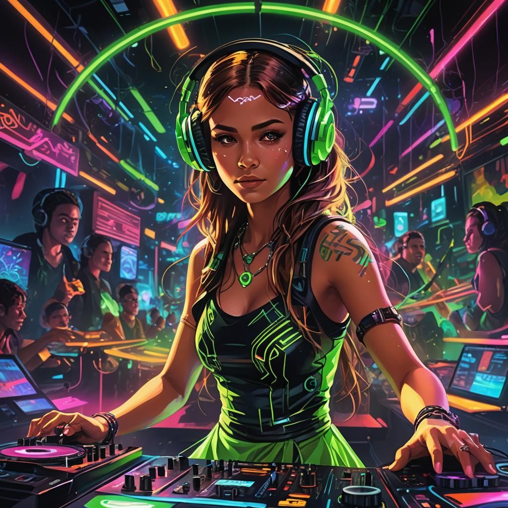Female DJ in Neon Club: Fantasy Concept Art