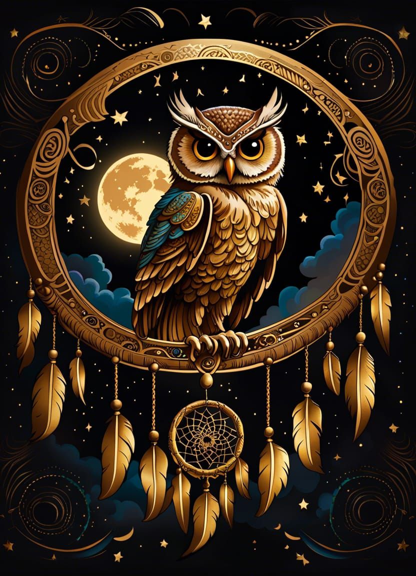 Web Owl Dreamcatcher Under Supernova in Rembrandt Style
