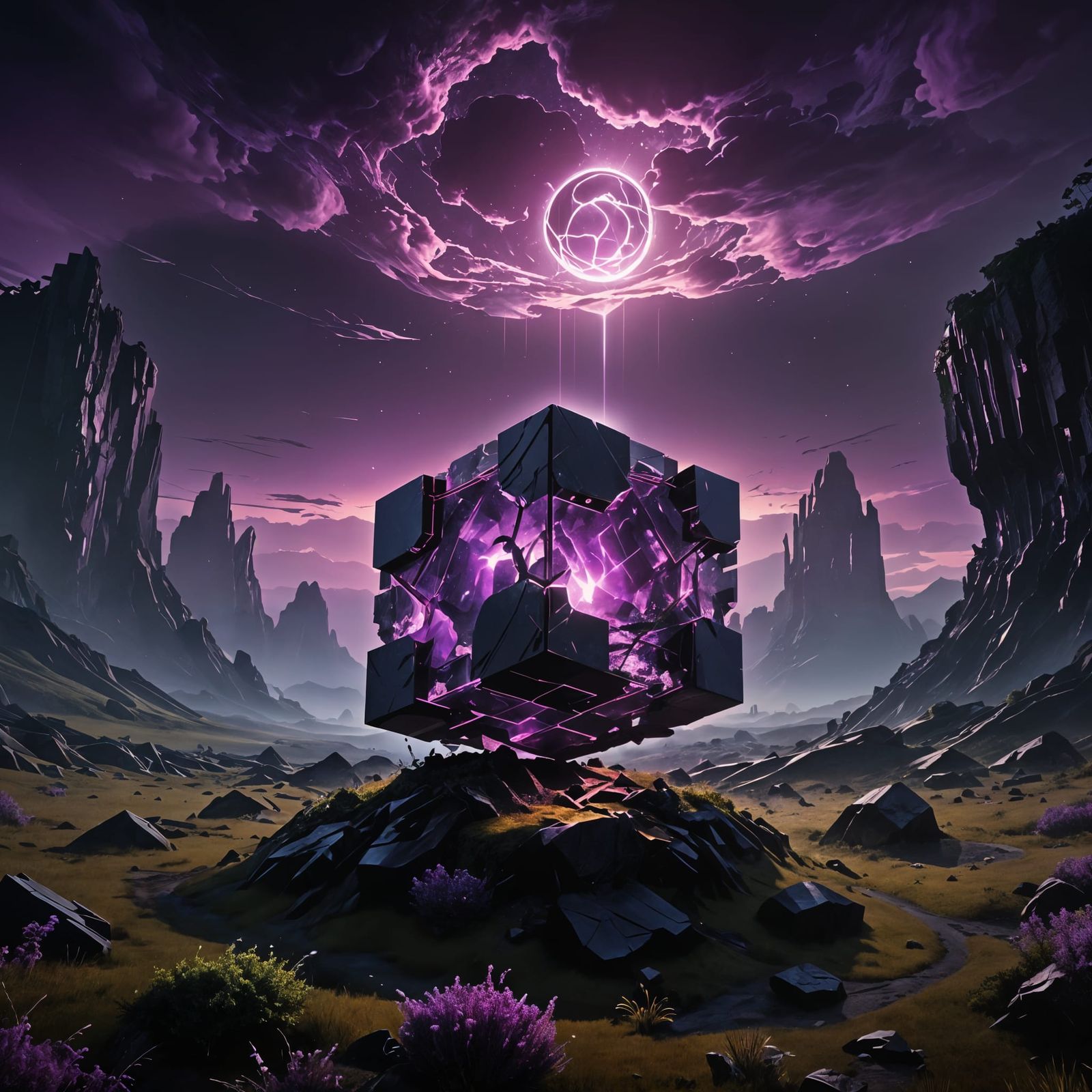 Glowing Purple Cube in Surreal Landscape