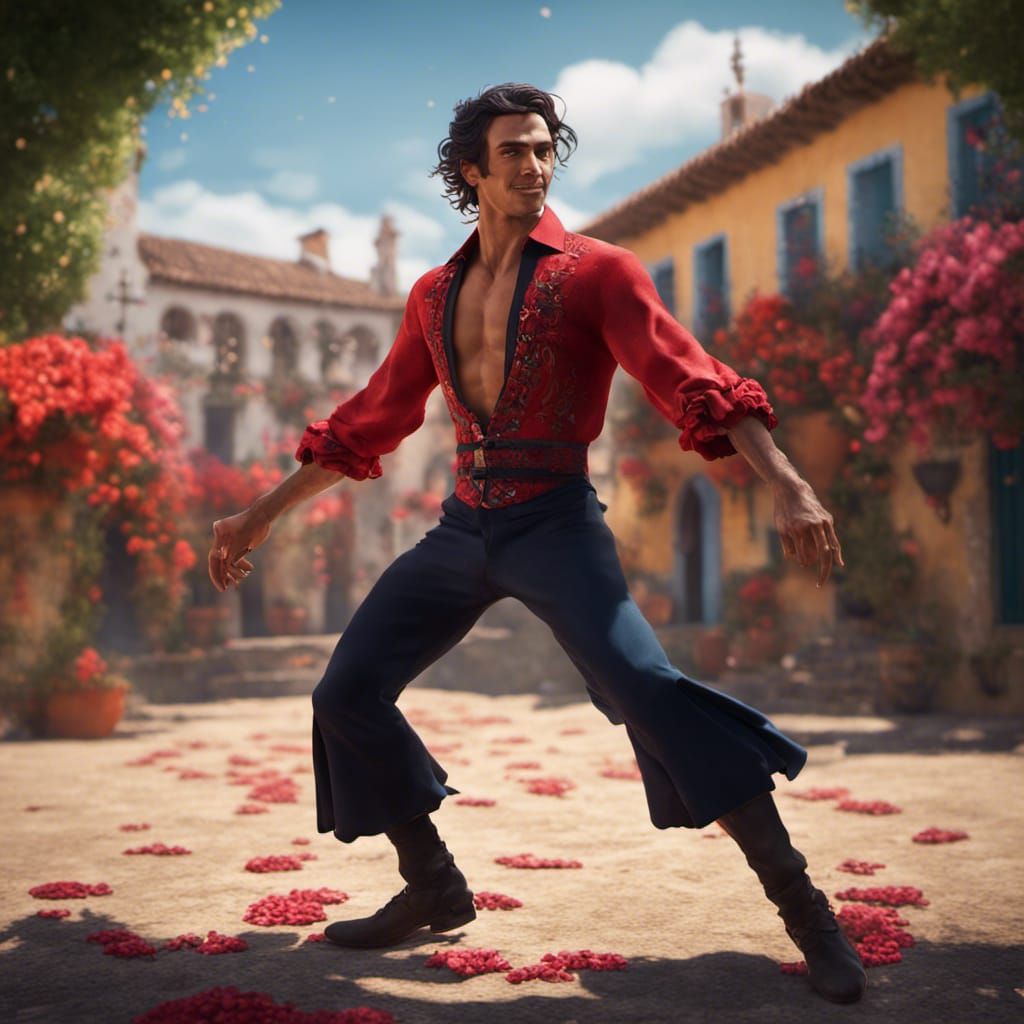 Flamenco Dancer in Spanish Village, Detailed Matte Painting