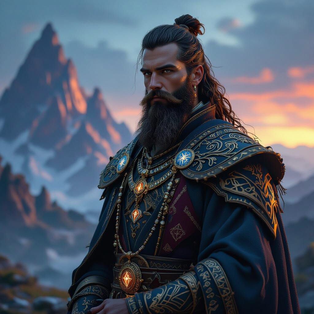 Mystical Bearded Man in High-Fantasy Landscape