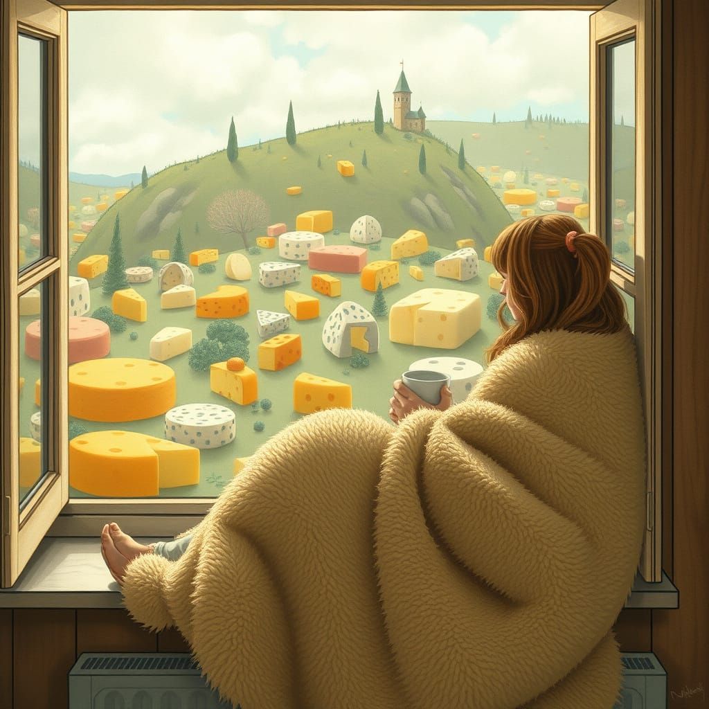 Woman on Windowsill in Cheese Landscape, Whimsical Art