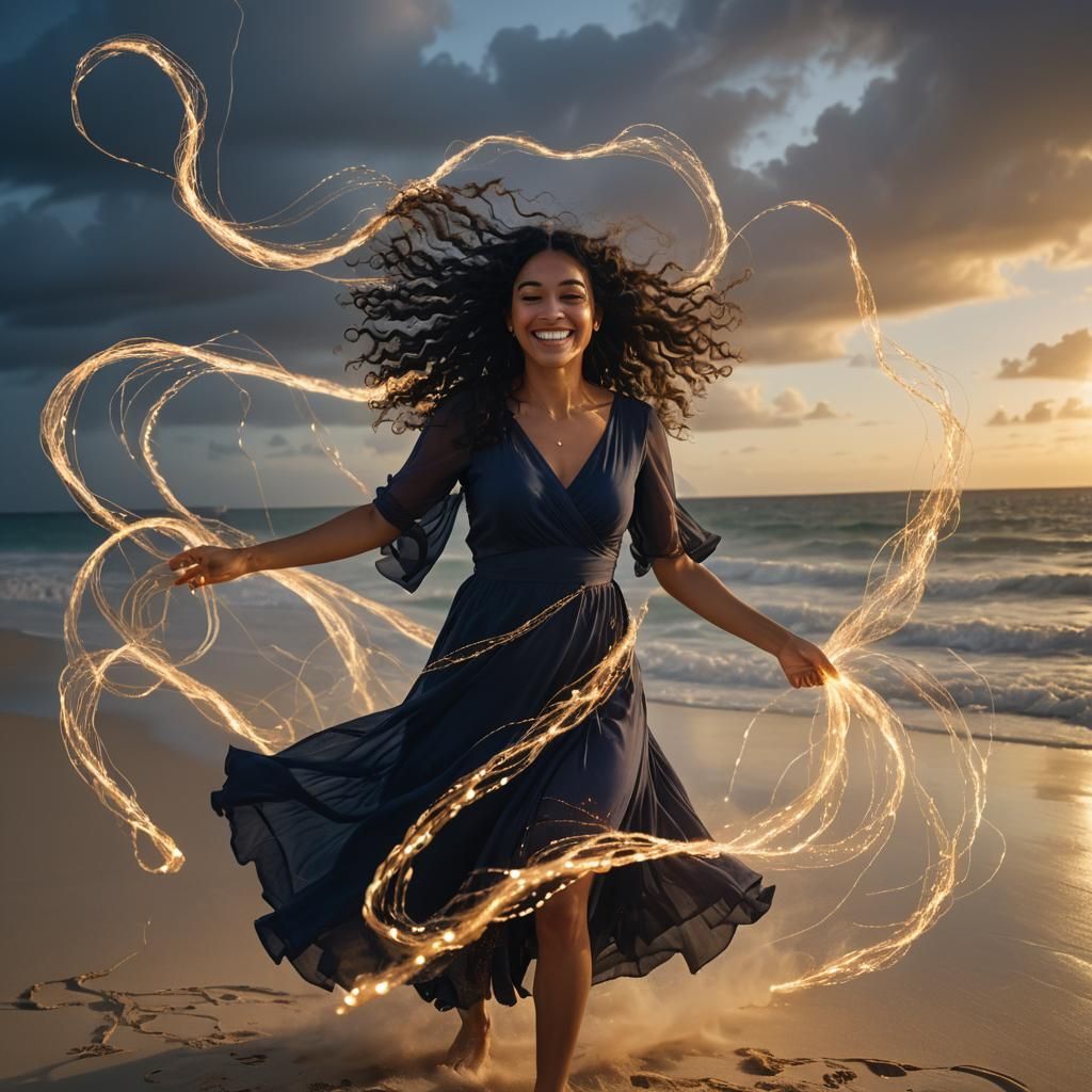 Puerto Rican Woman Weaving Light on Island Beach