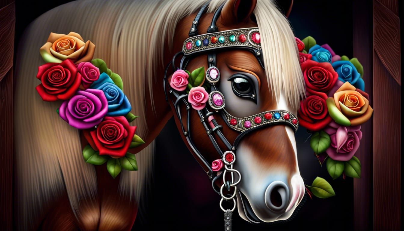 Hyperrealistic Pony Heart with Roses and Diamonds
