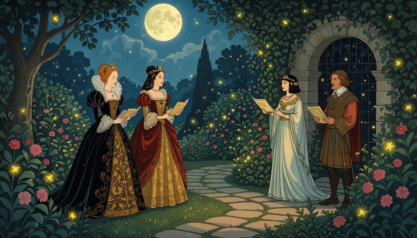 Historical Figures at a Moonlit Garden Party