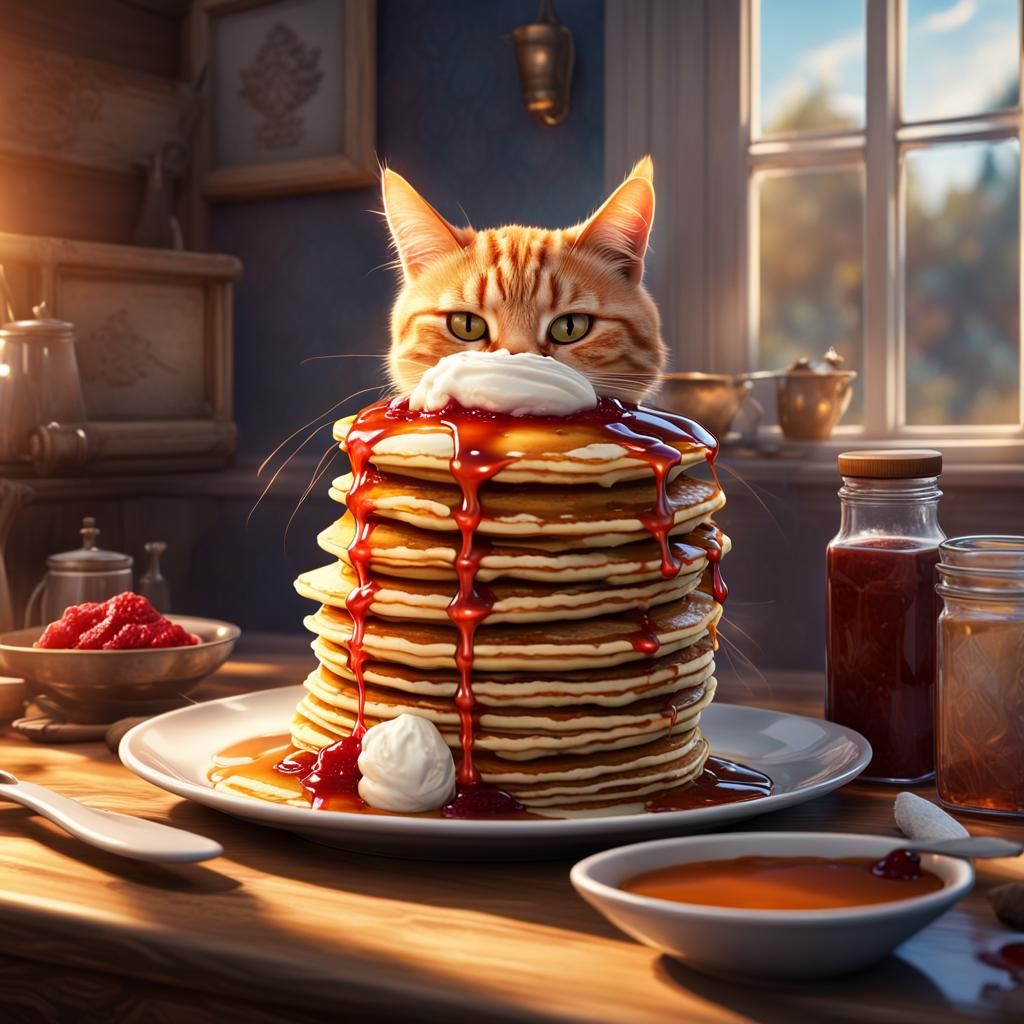Cat Guarding Pancakes with Syrup, Digital Art