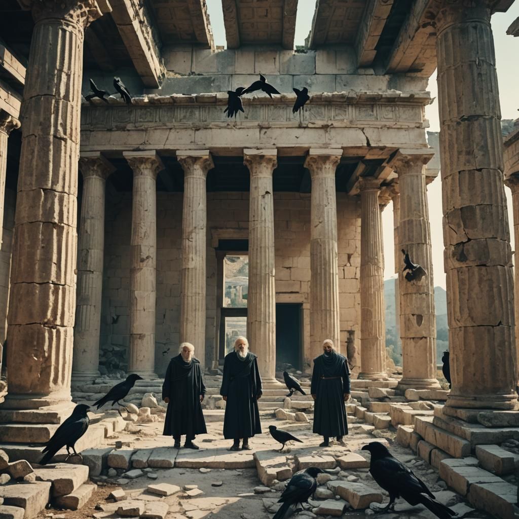 Deranged Philosophers in Ruined Temple with Crows
