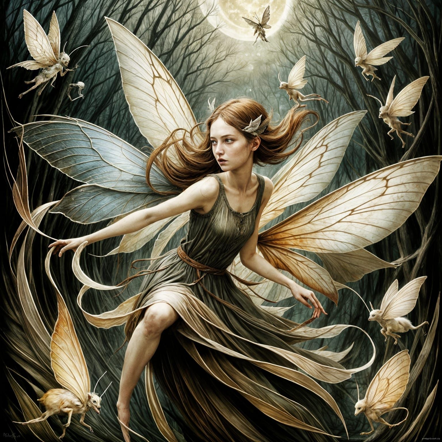 Whimsical Fairies in a Moonlit Landscape