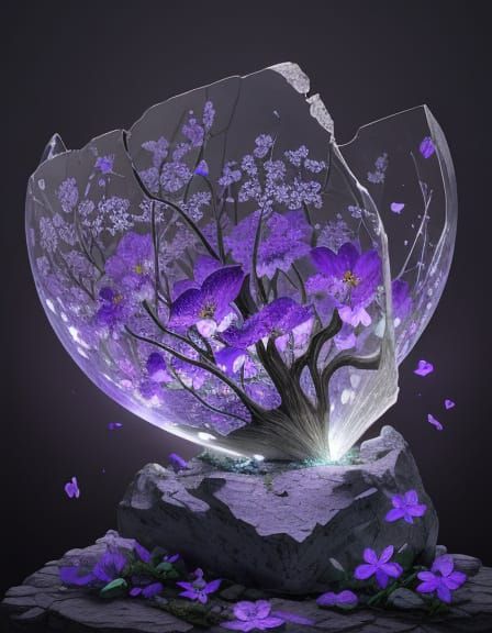 Cracked Stone Statue with Glowing Violets in Surreal Style
