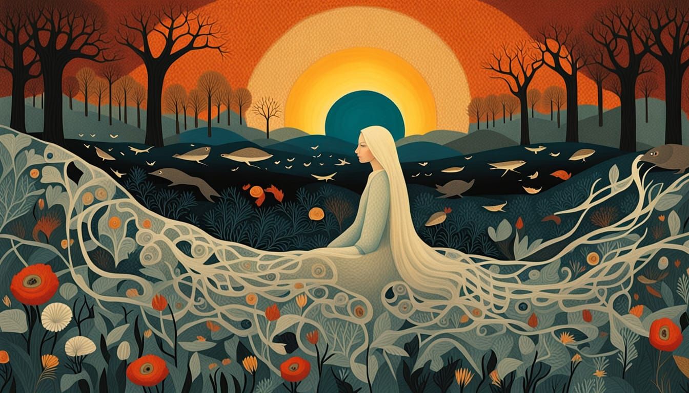 Glowing Creatures in Surreal Sunset Landscape